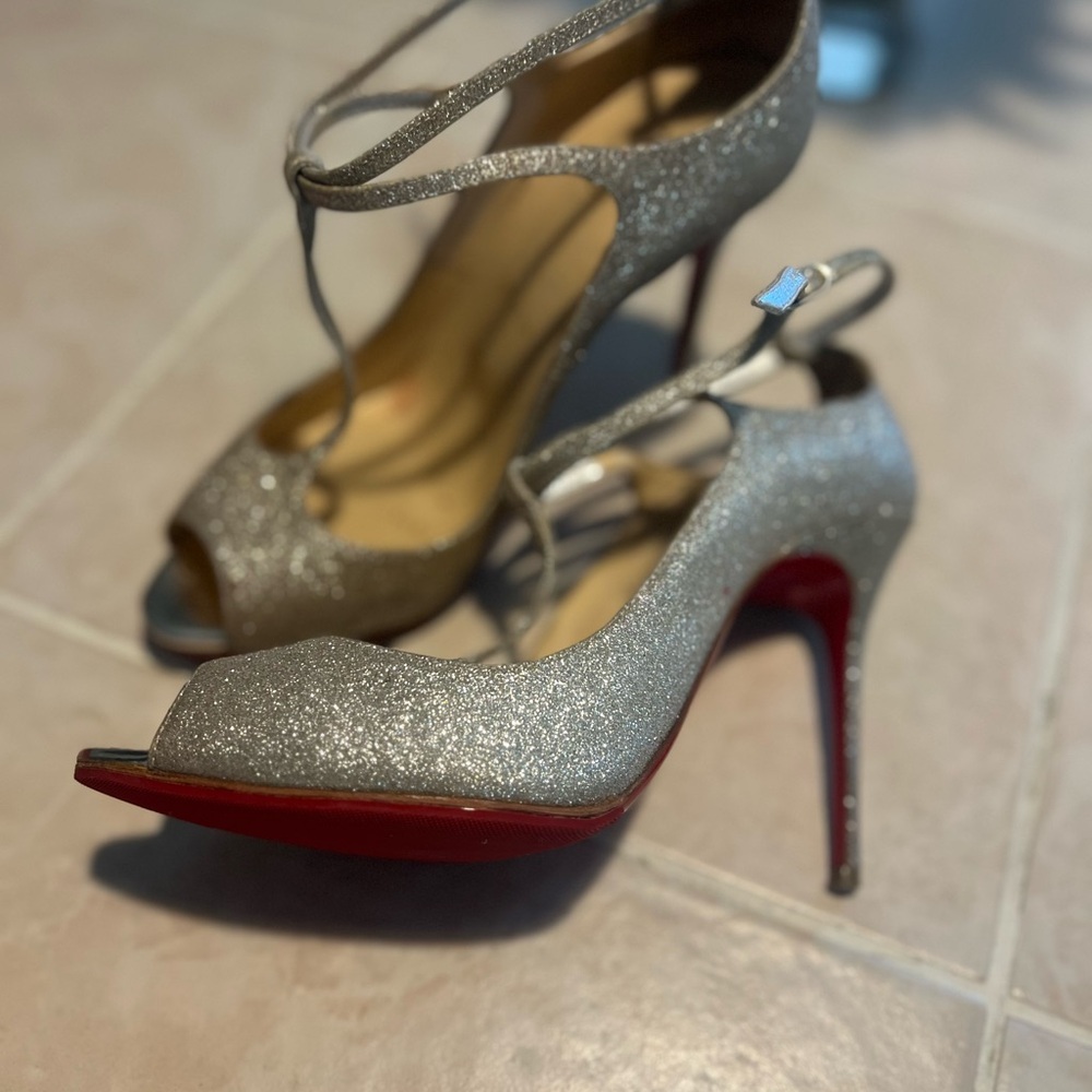Christian Louboutin Silver Glitter Peep-Toe Heels